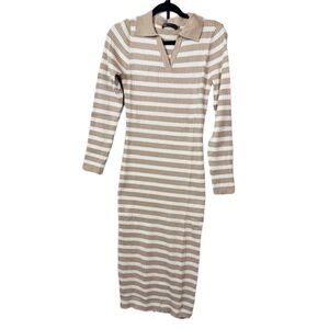 Haeof Striped Tan and White Ribbed Dress. NWT. Size Medium. Sweater Dress